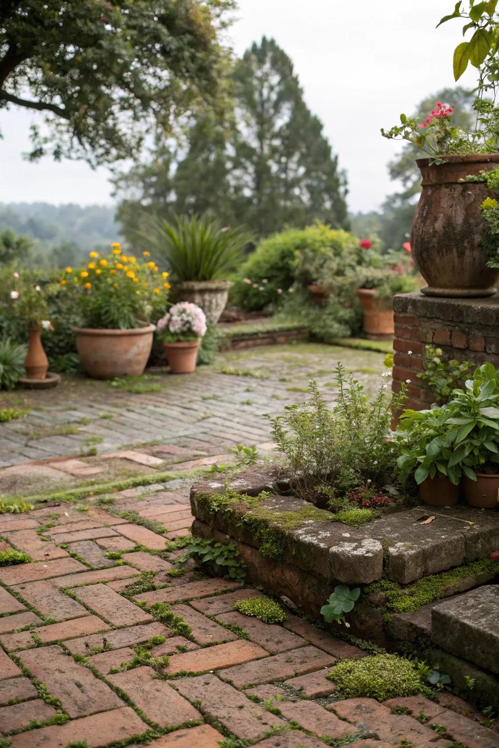 Potted flora elevates the earthy appeal of this brick patio