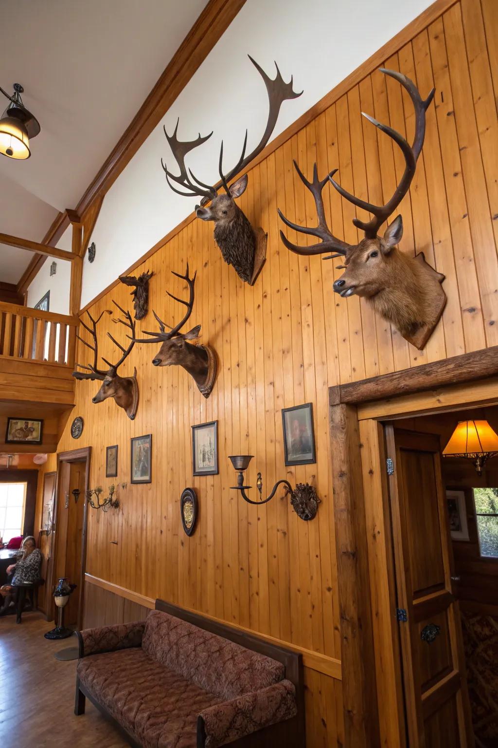 Antlers and animal mounts decorate the wall of a hunting lodge.