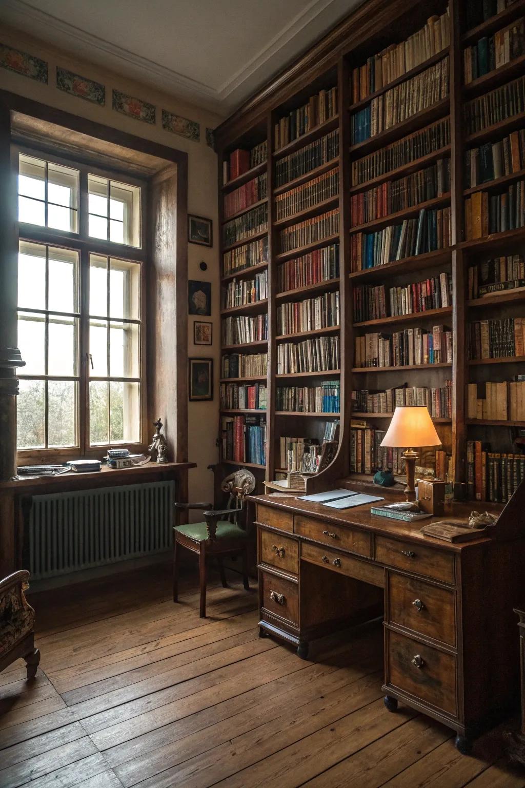 A library-like feel with grand bookshelves