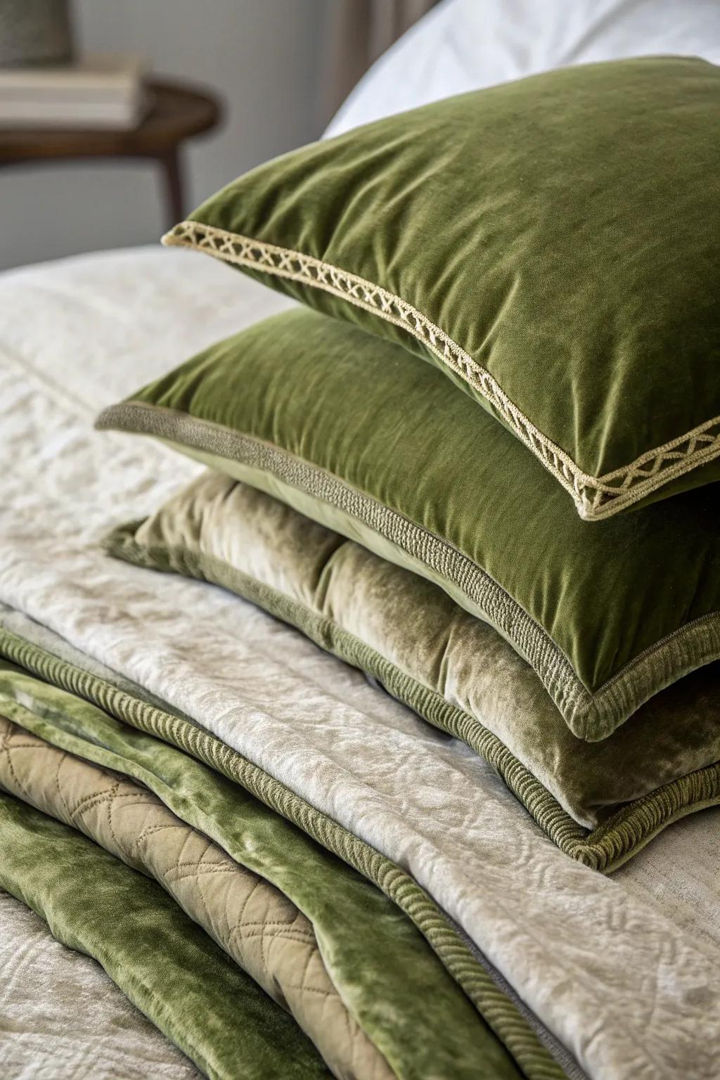 Utilizing a combination of textures elevates the allure of deep moss green bedding, offering an inviting experience.