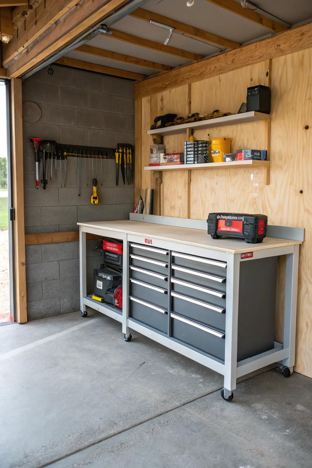 A foldable workbench adds functionality without wasting space.