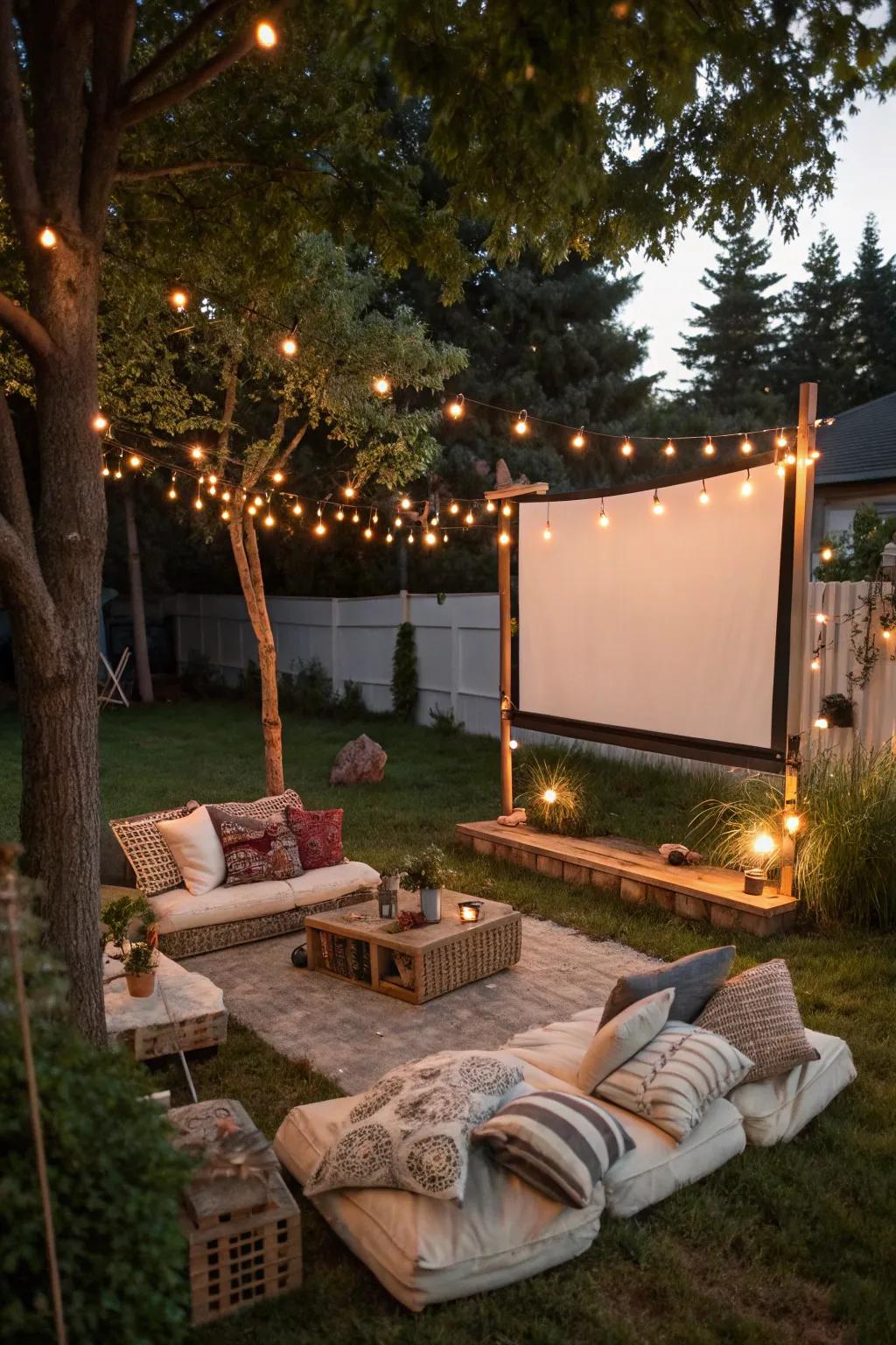 A captivating backyard setting transformed for a movie night beneath the stars.
