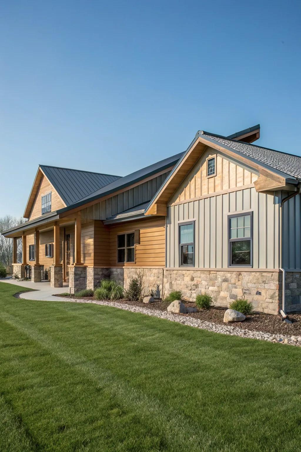 A mix of materials adds depth and unique character to this ranch-style home.