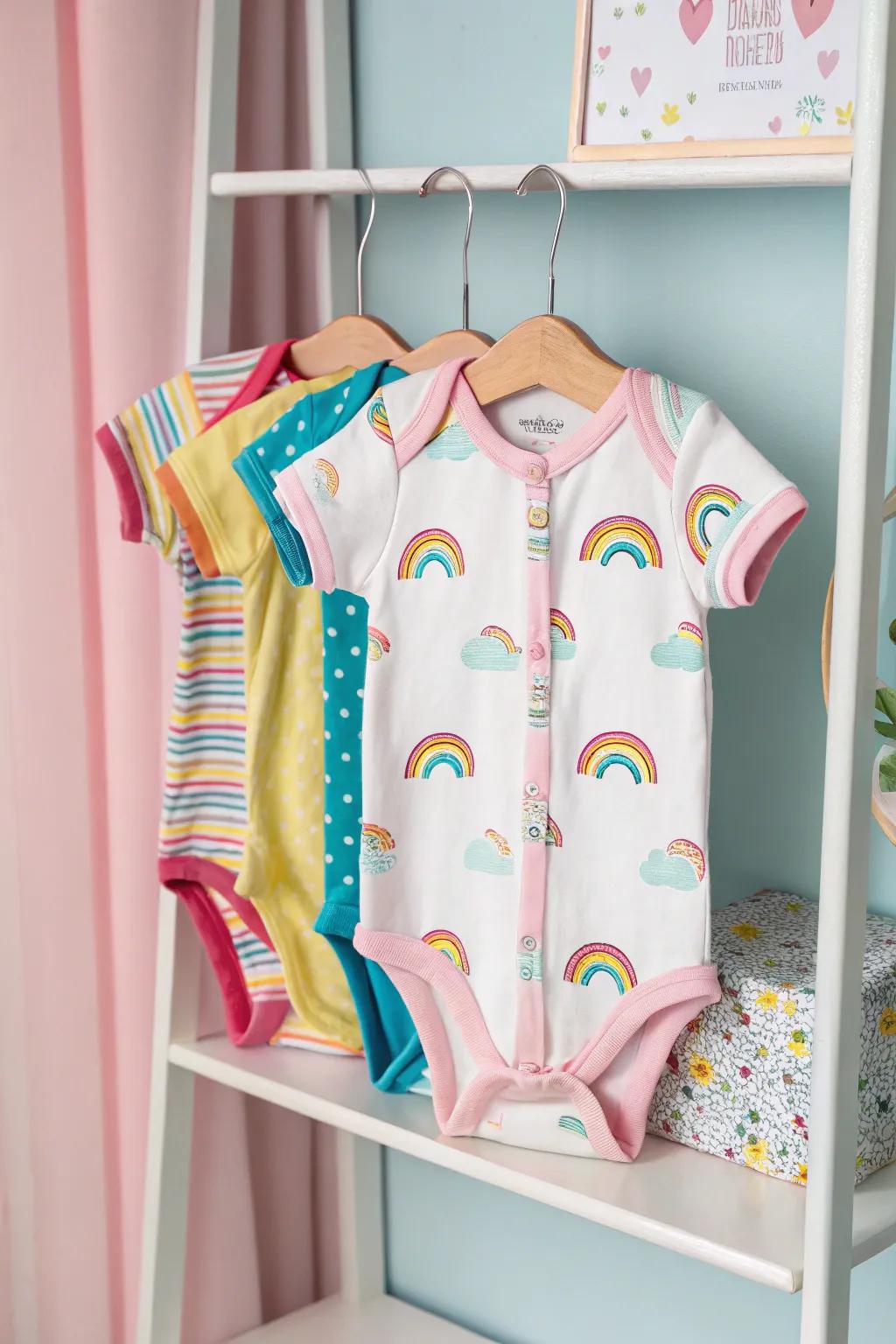 A delightful assortment of onesies with a rainbow theme.