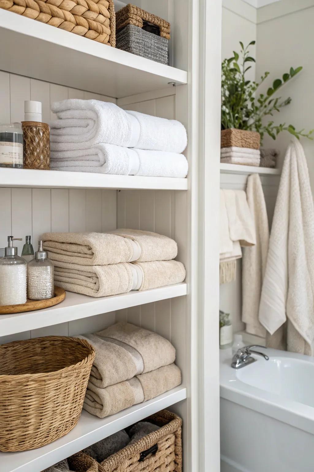 Neatly arranged towels give open linen closets a spa-like feel.