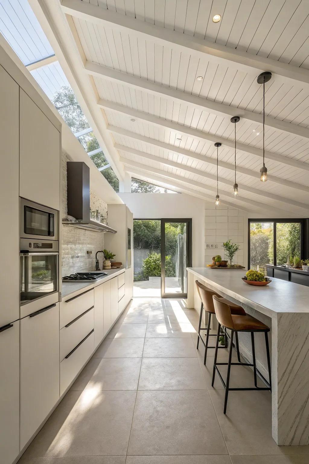A luminous and airy kitchen featuring a white ceiling that underscores its openness.