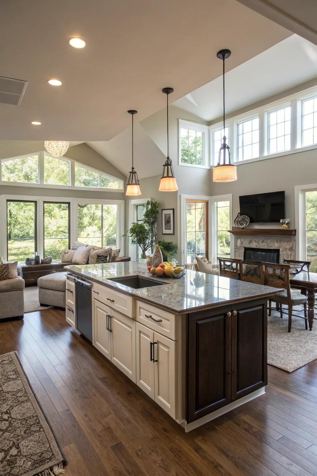 A multi-purpose kitchen island acts as the central feature in an open-concept design.