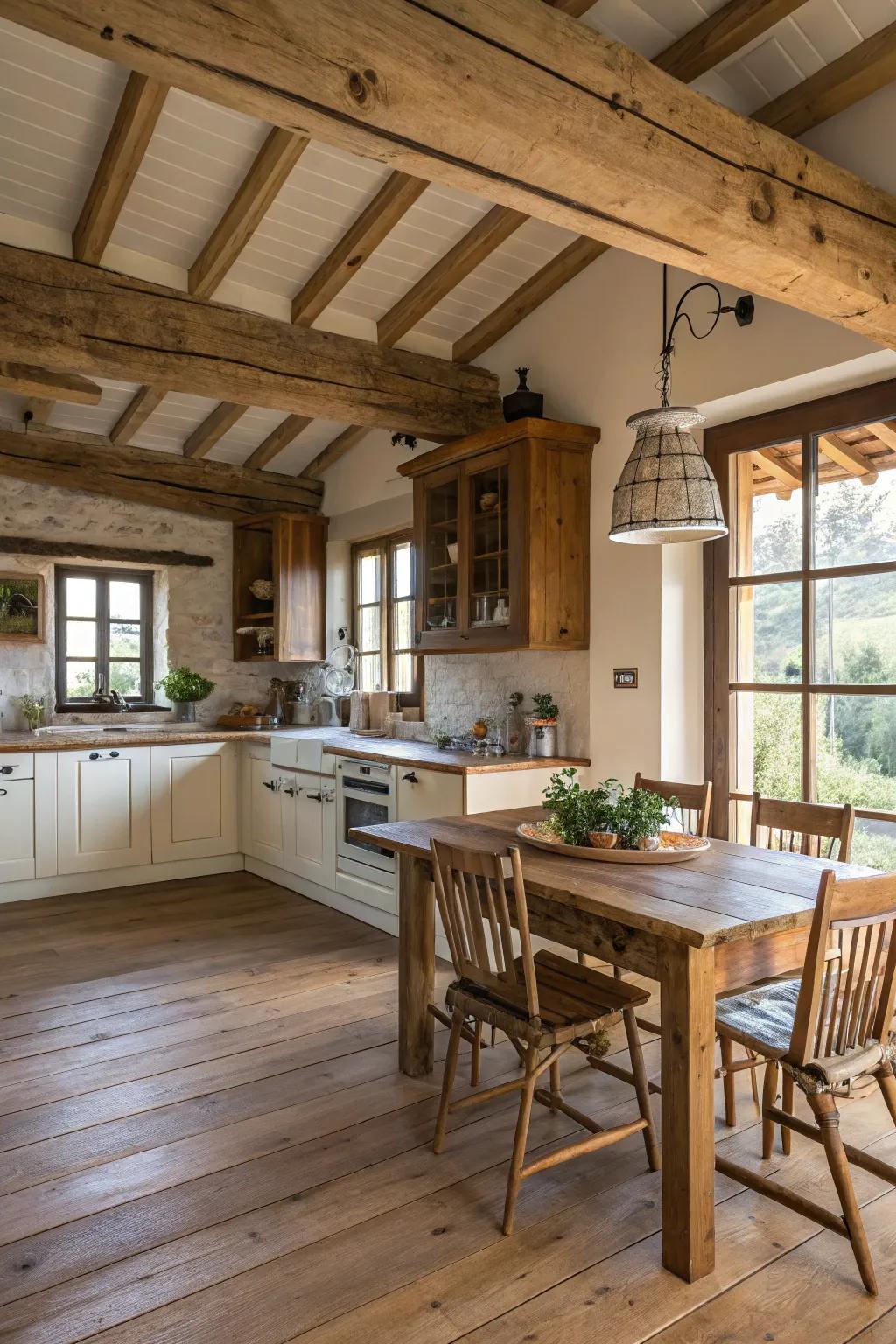 Wooden beams and flooring contribute warmth to the kitchen area.