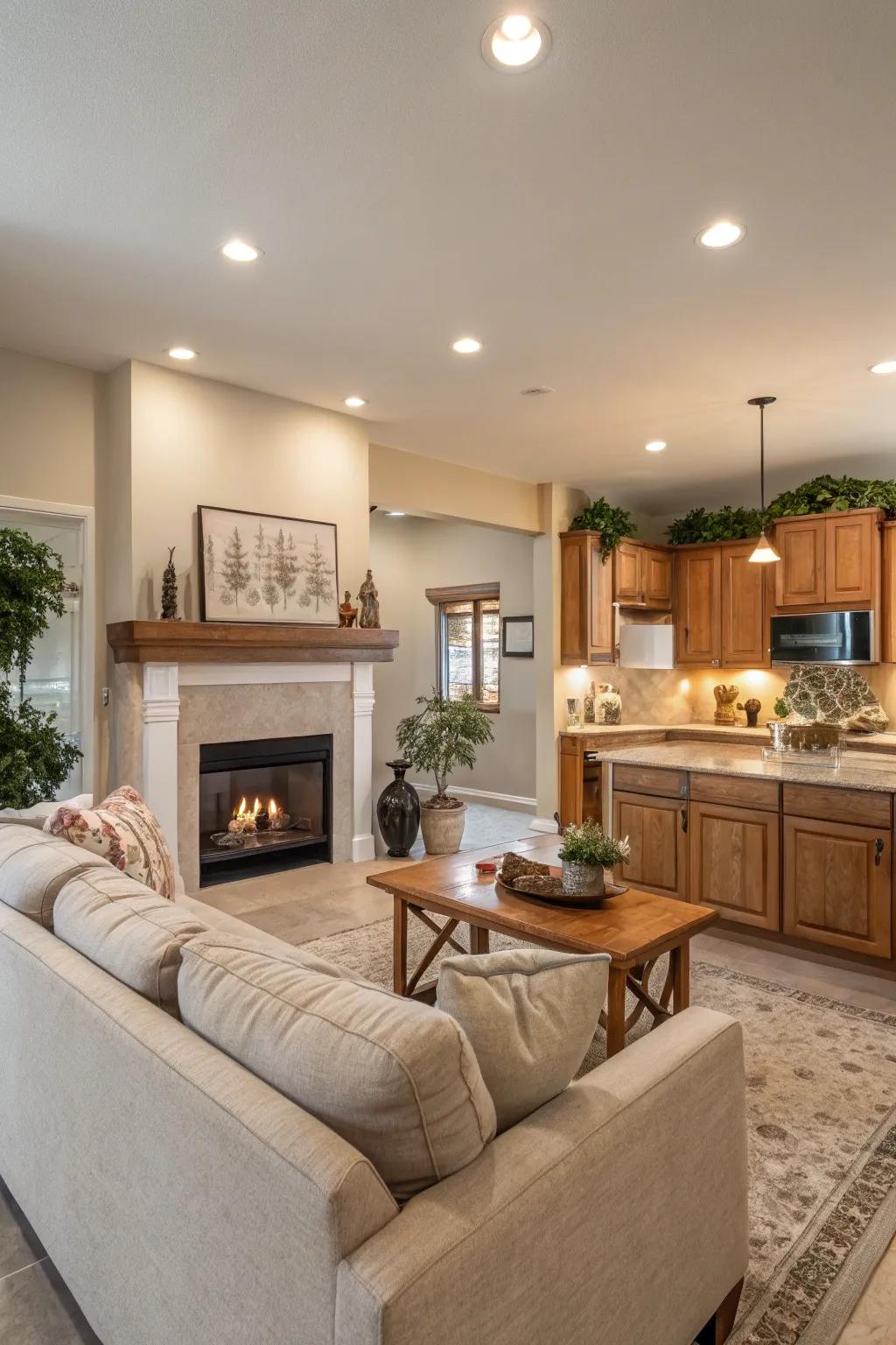 Neutral shades combine with warm highlights in a harmonious open area.