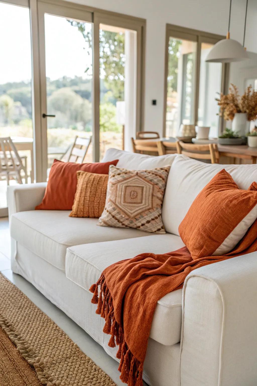 Tangerine throws add a splash of color and warmth to an ivory sofa.