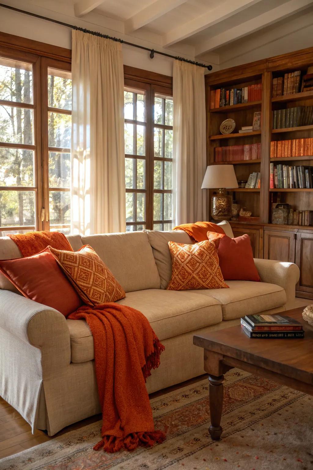 Orange cushions and throws deliver a burst of vibrancy, improving the room's inviting nature.