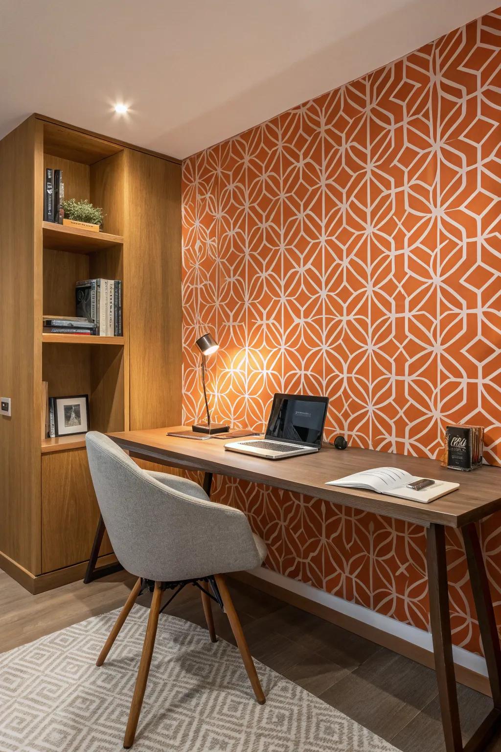 A study room with orange geometric patterns that add a whimsical touch.