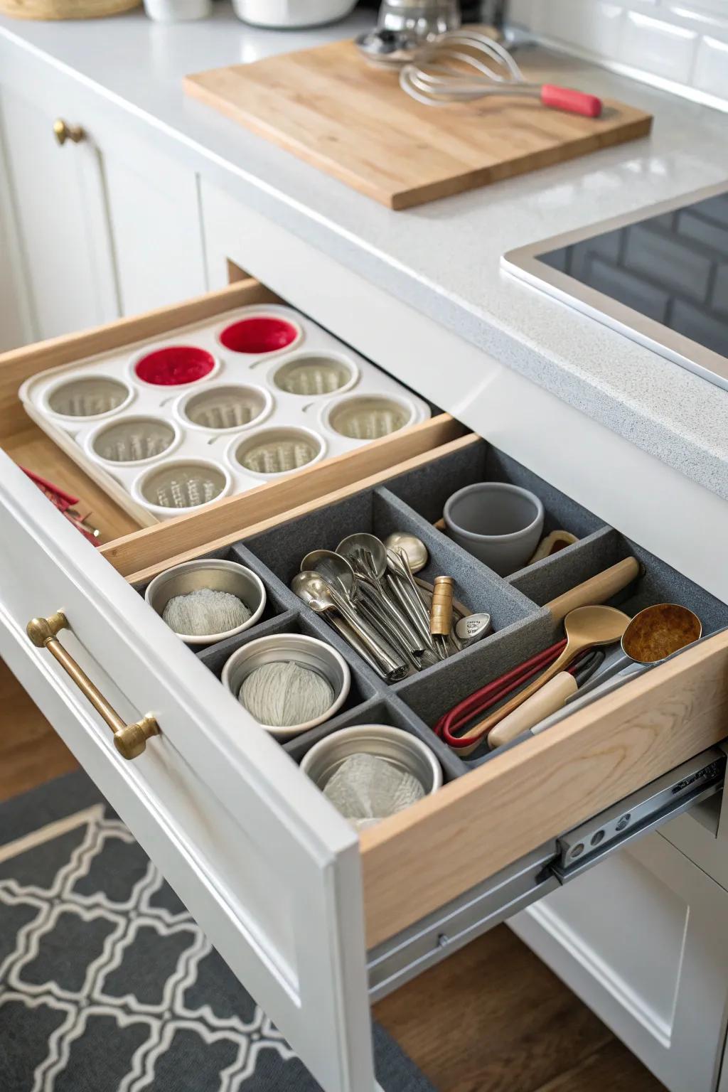 Drawer dividers maintain cooking equipment neatly arranged and accessible.