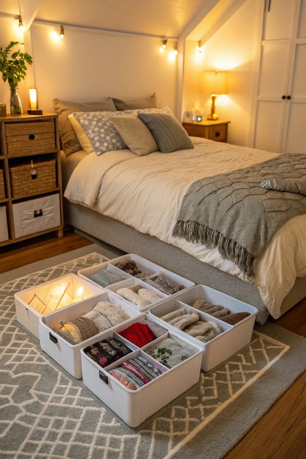 Take advantage of the area under your bed for discreet storage.