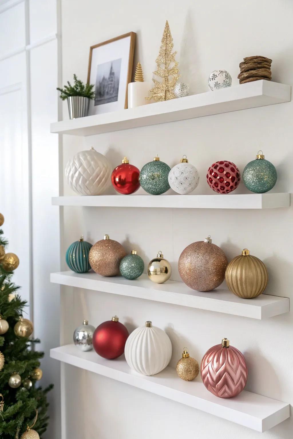 Elevated shelves displaying a variety of decorations in a layered display.