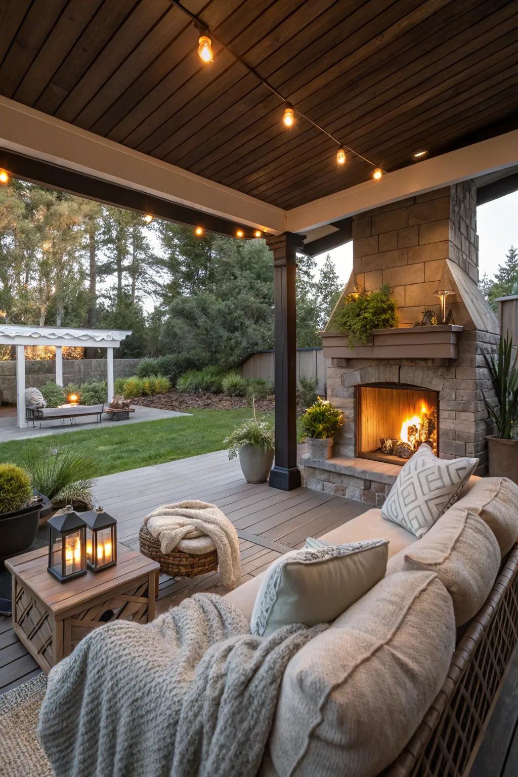 Keep warm and dry using a fireplace placed beneath a sheltered patio.