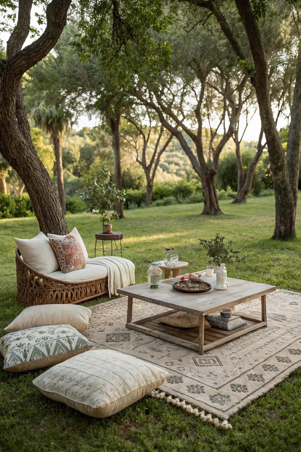An inviting outdoor lounge beneath a canopy of leaves.
