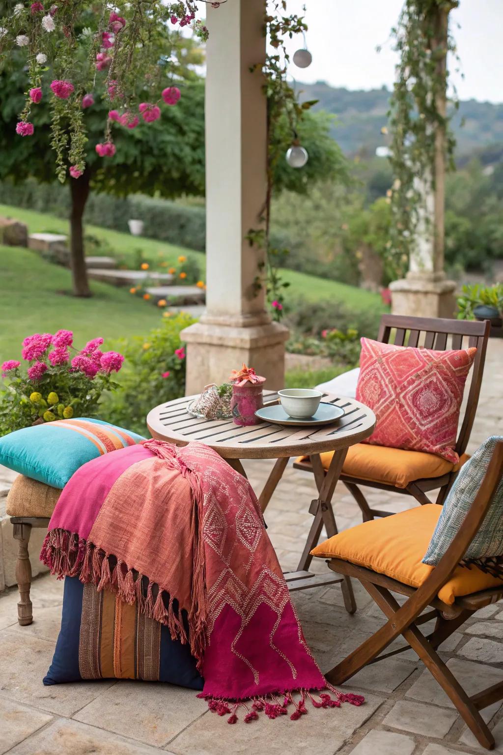 Incorporate textiles to add a sense of warmth and personality to your garden seating.