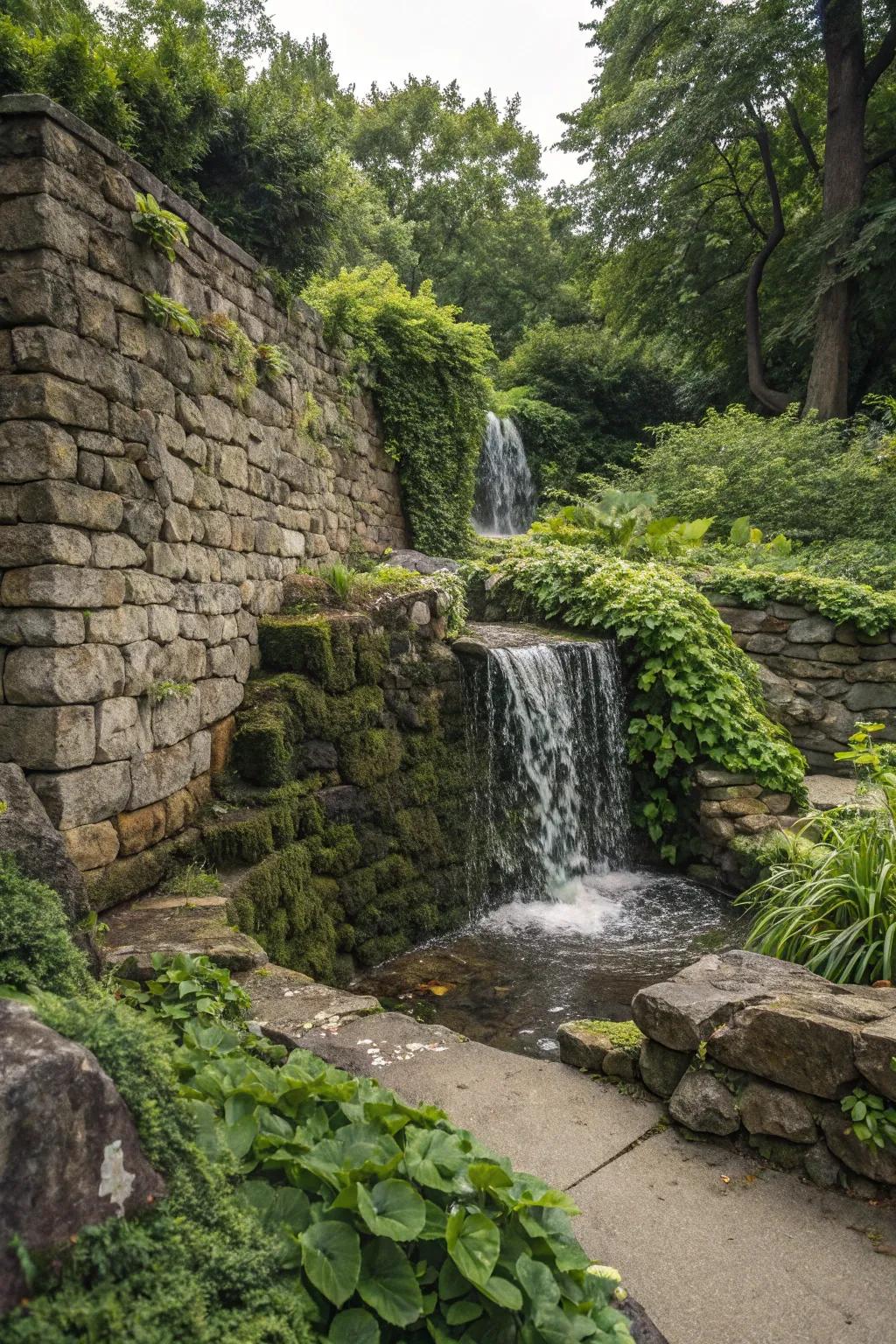 A waterfall stone wall adds a calm and peaceful atmosphere to any outdoor space.