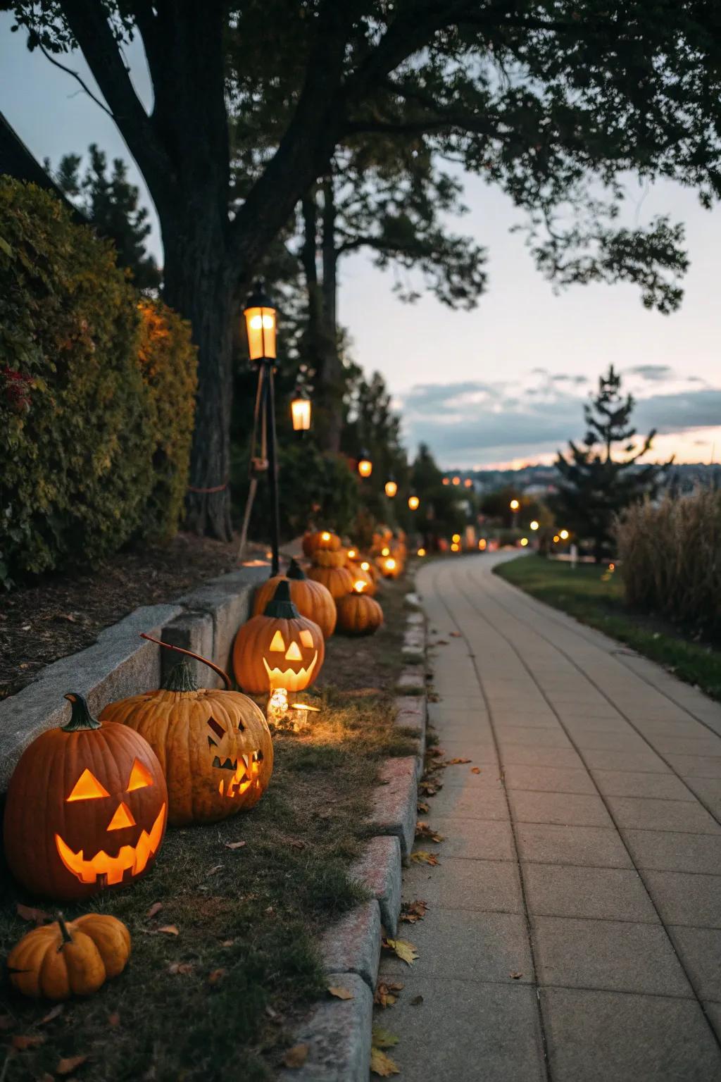 A magical pathway lit up by a parade of beaming jack-o'-lanterns.