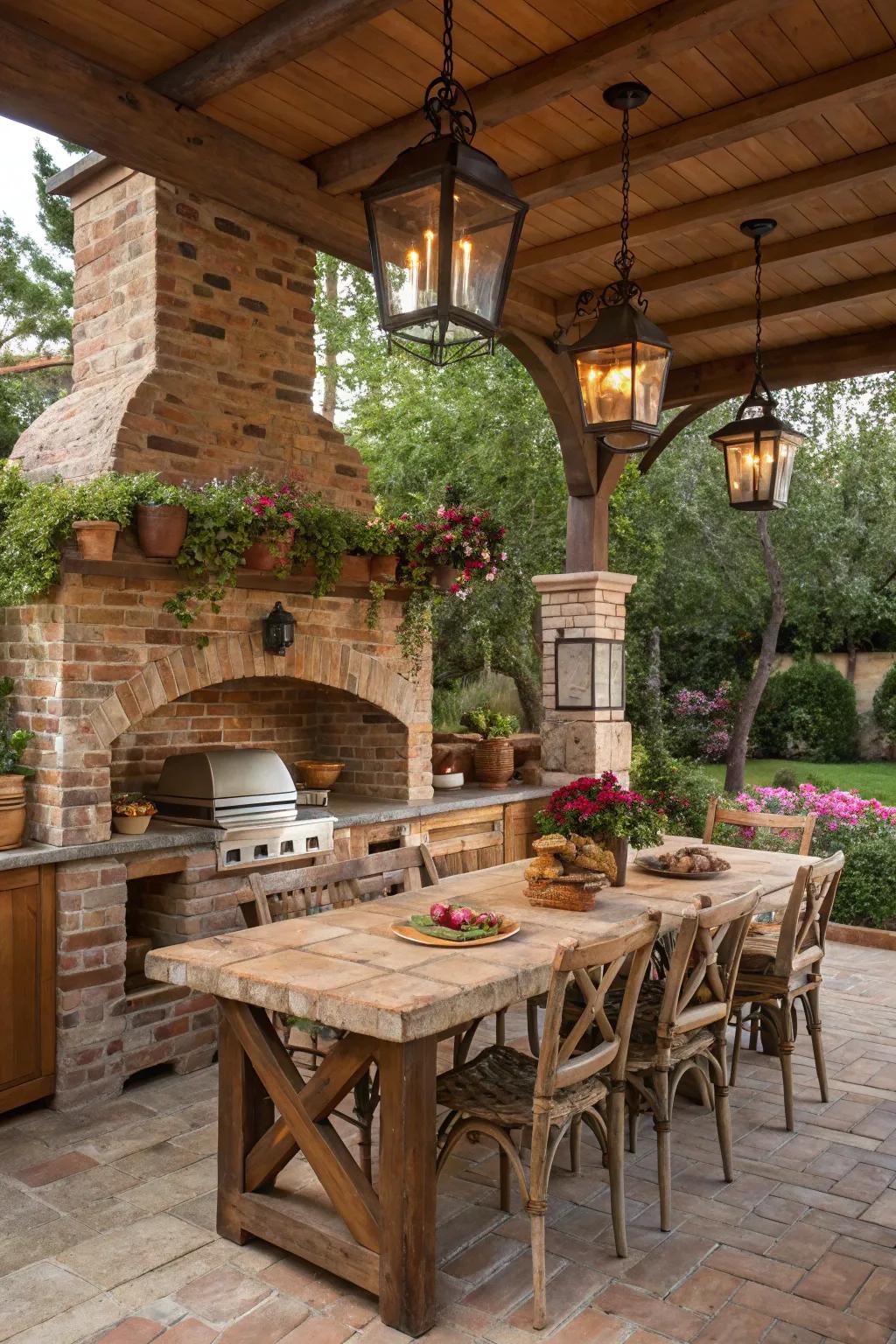 Brick backsplashes contribute a cozy and rustic allure to outdoor cooking areas.