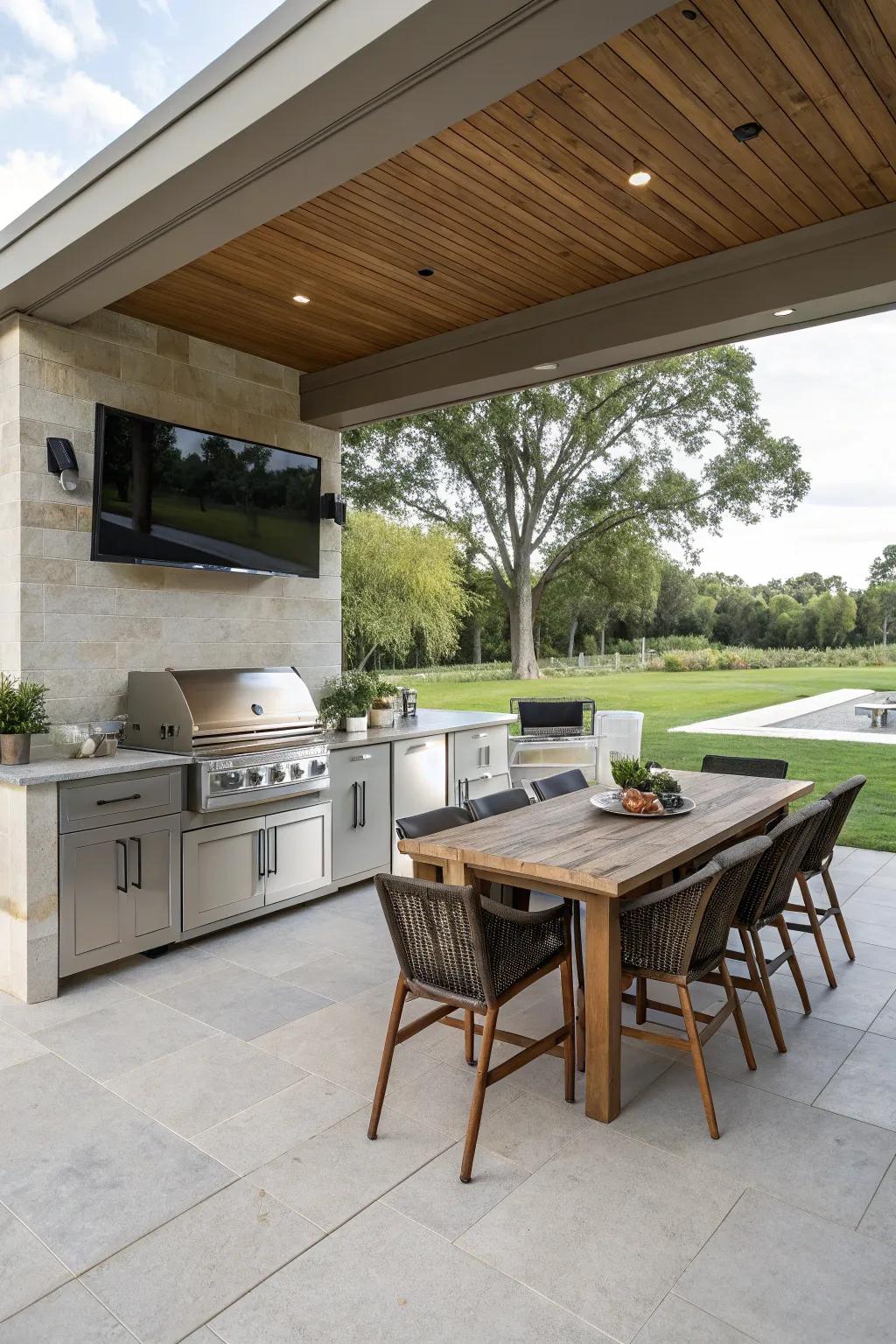 A revolving TV fixture allows for adaptable viewing angles, enhancing your outdoor entertainment experience.
