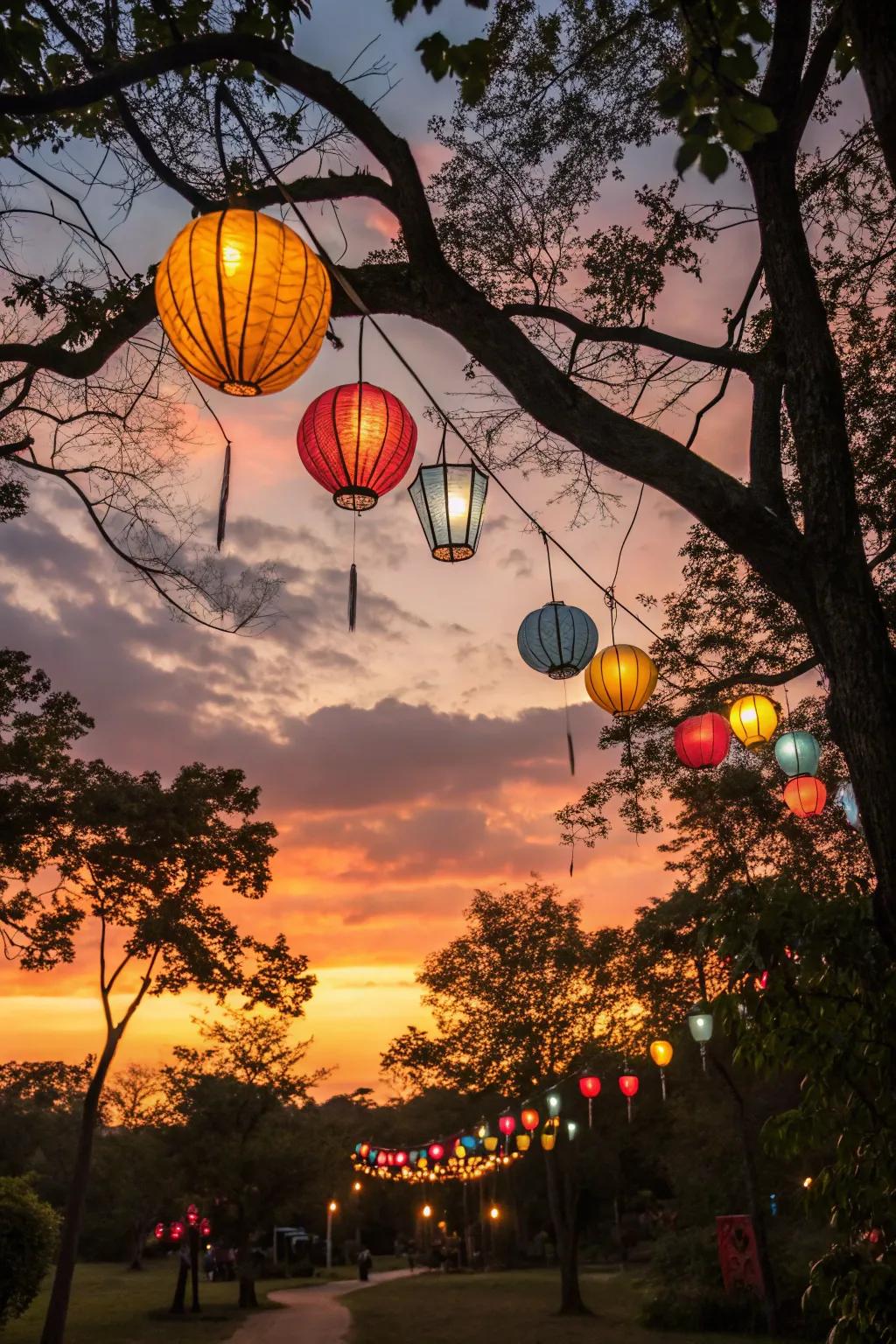 Hanging lanterns bring a touch of magic to any park setting.