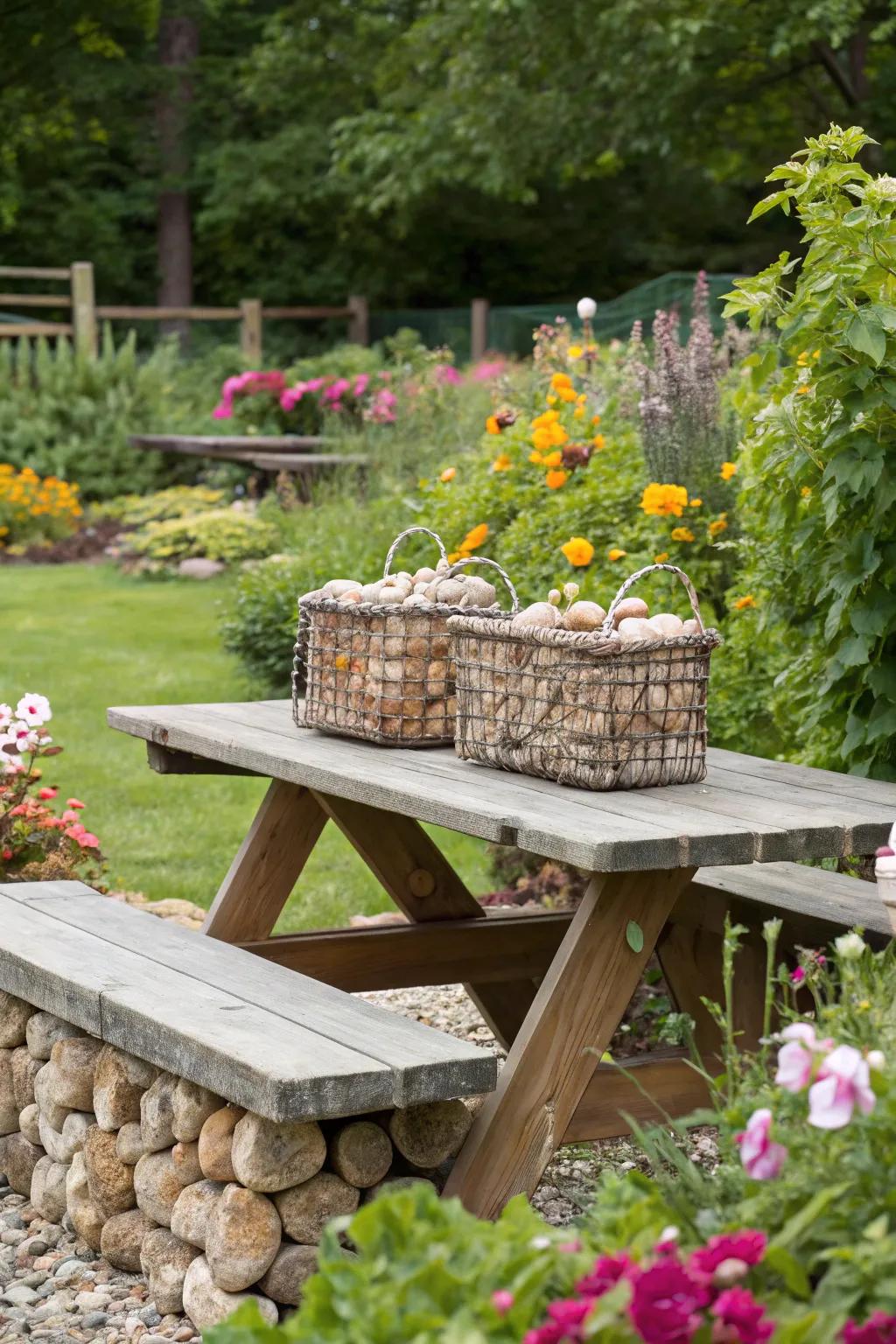 Gabion containers bring an industrial vibe and raw beauty.