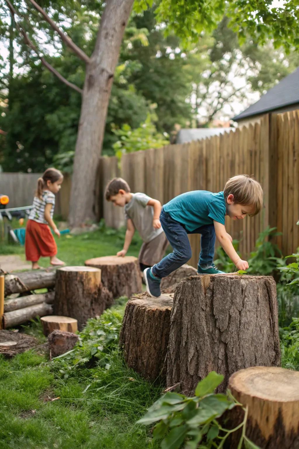 Promote natural adventures with logs and stumps.