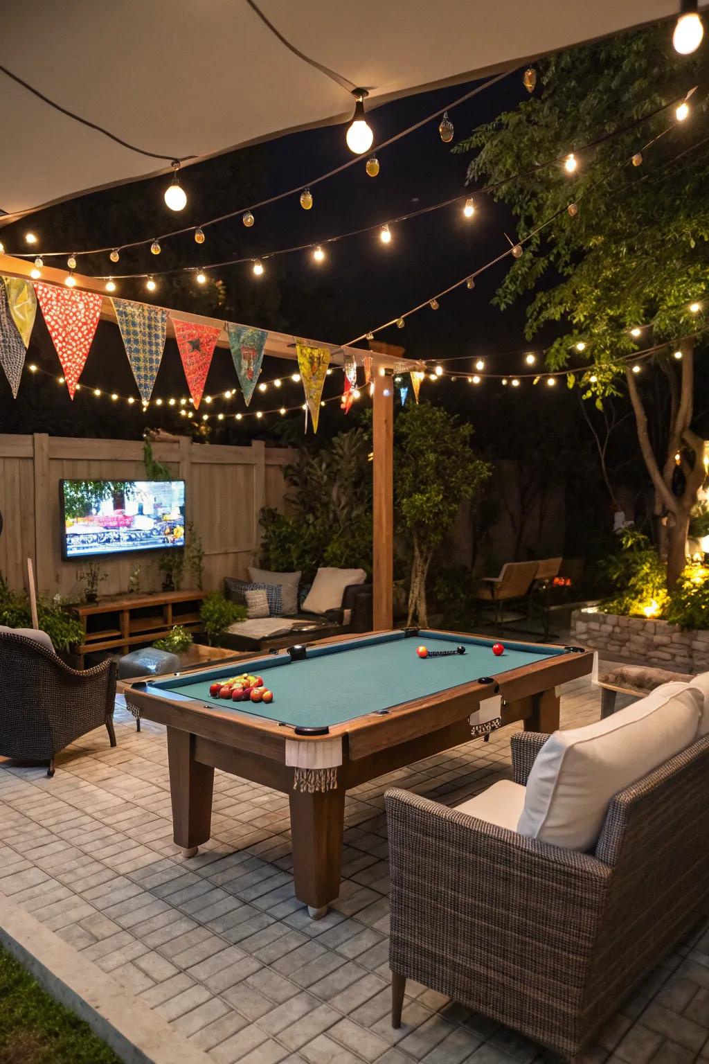 A pool table with entertainment features like a TV and seating nearby.