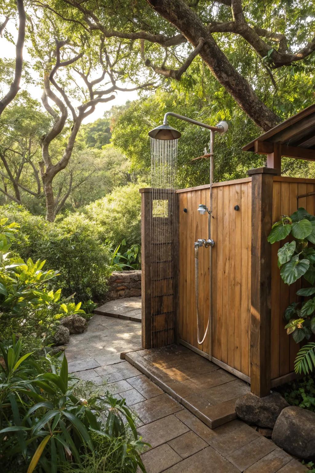 Mix country-style allure with contemporary design in your open-air shower.