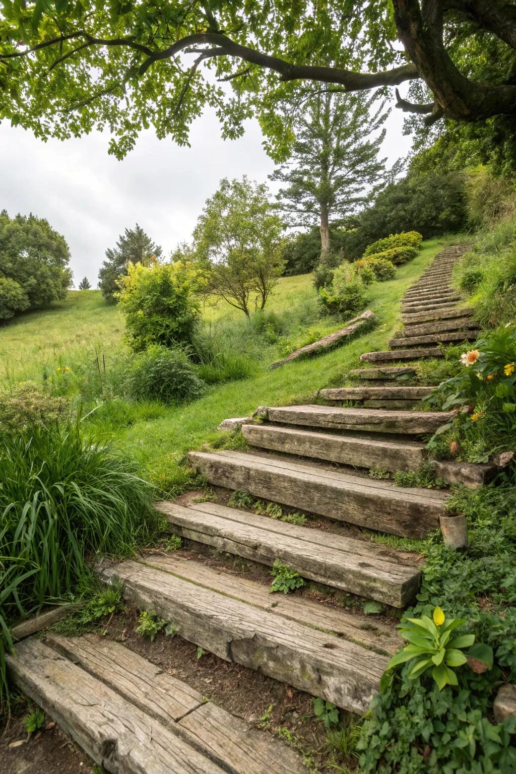 Timber steps give off a rustic vibe, harmonizing beautifully with the natural surroundings.