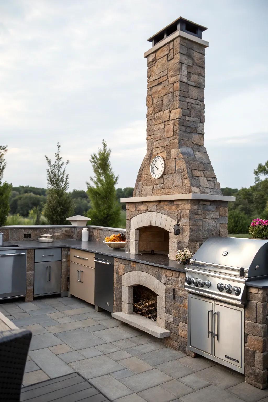 A stone BBQ smokestack blends style and usefulness, keeping your open-air space free of smoke.
