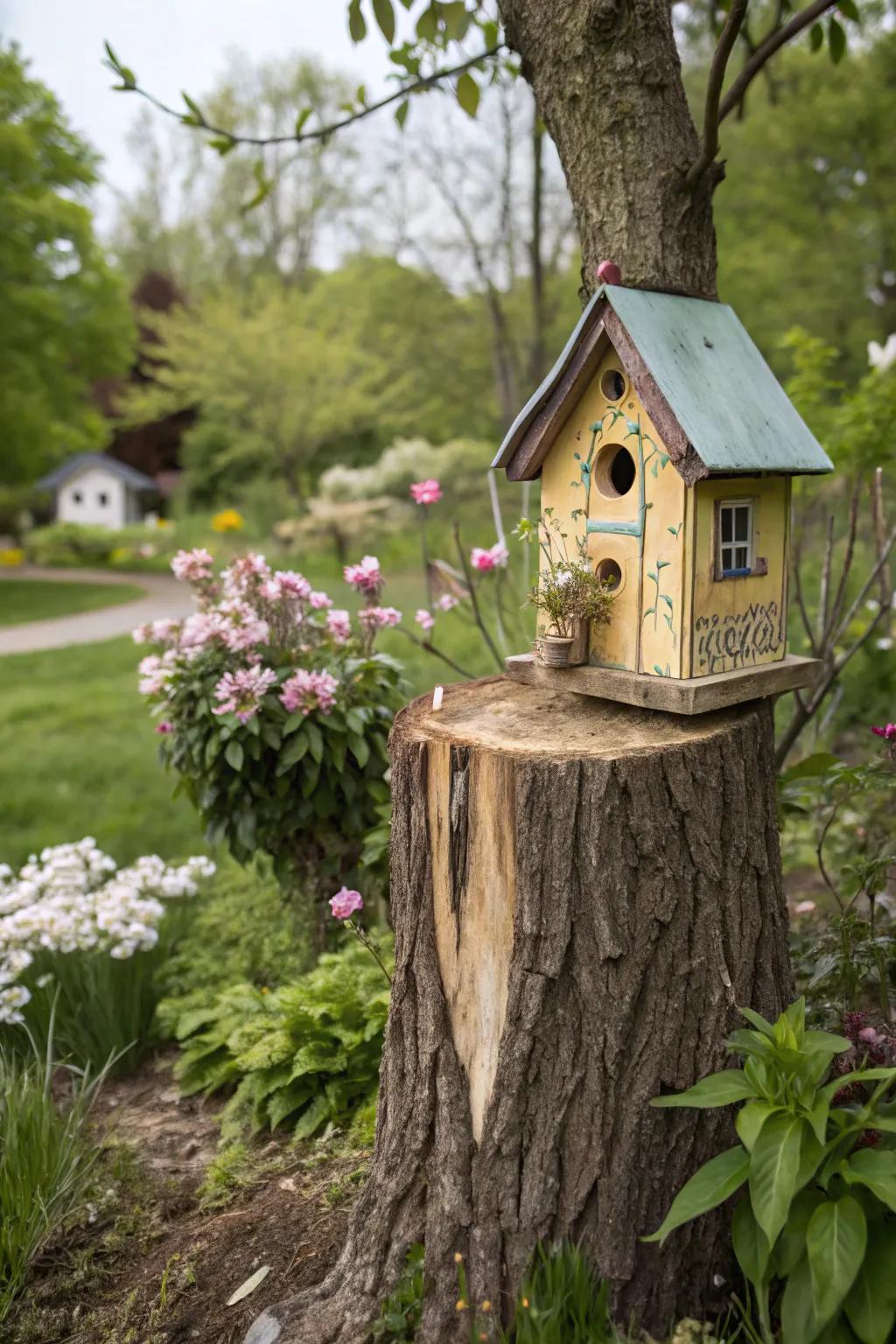 A birdhouse perched on a stump creates a welcoming home for garden birds.