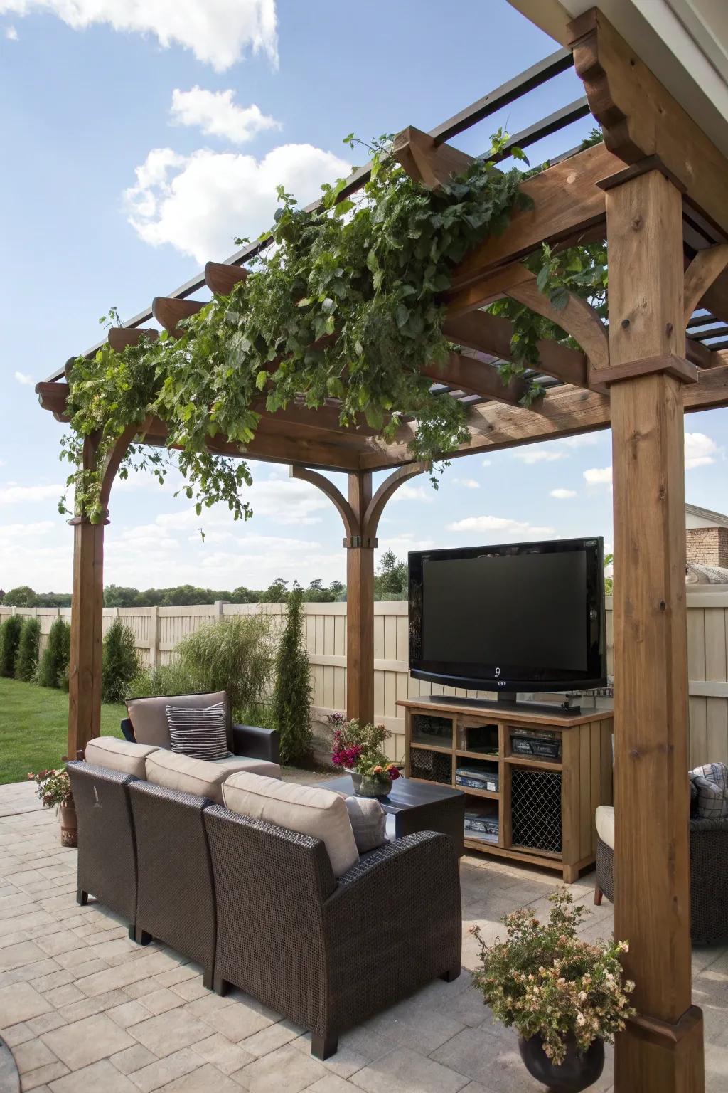 A sheltered patio safeguards your outdoor TV arrangement from weather disruptions.