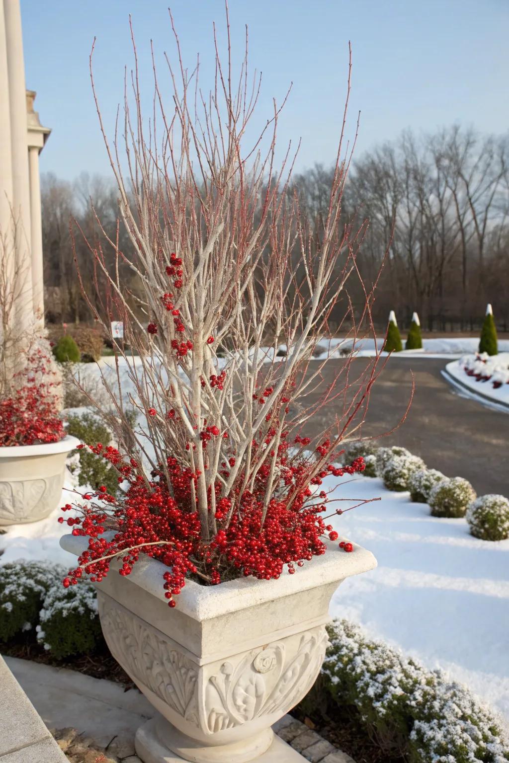 Scarlet berries establish a vibrant center point in winter containers.