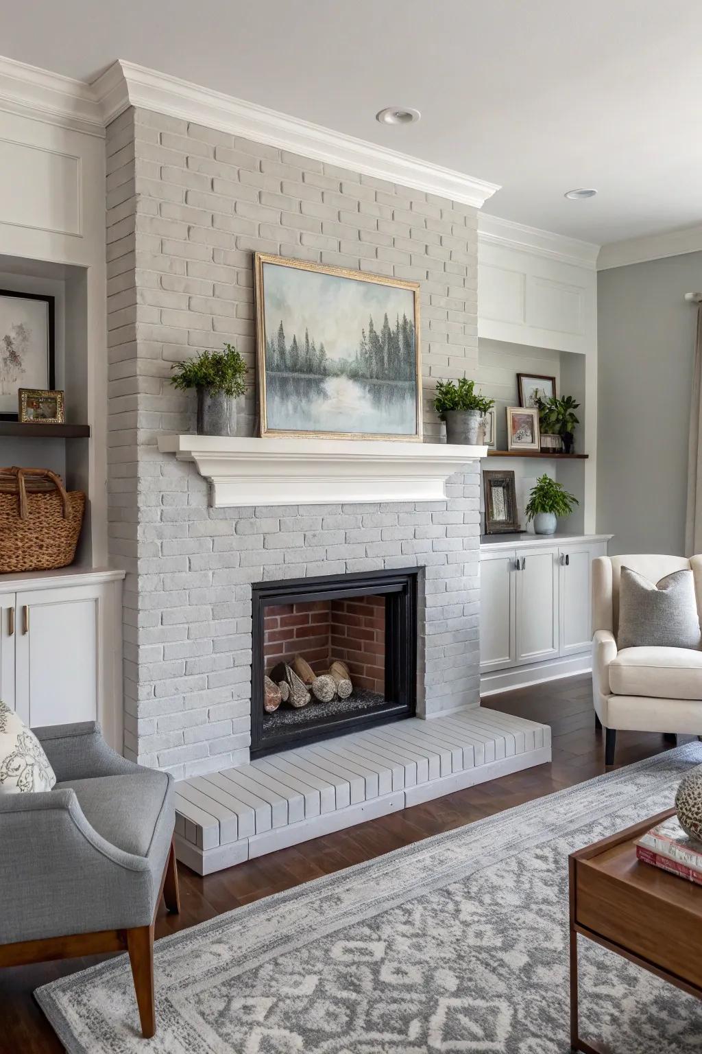 A soft gray fireplace provides modern refinement.
