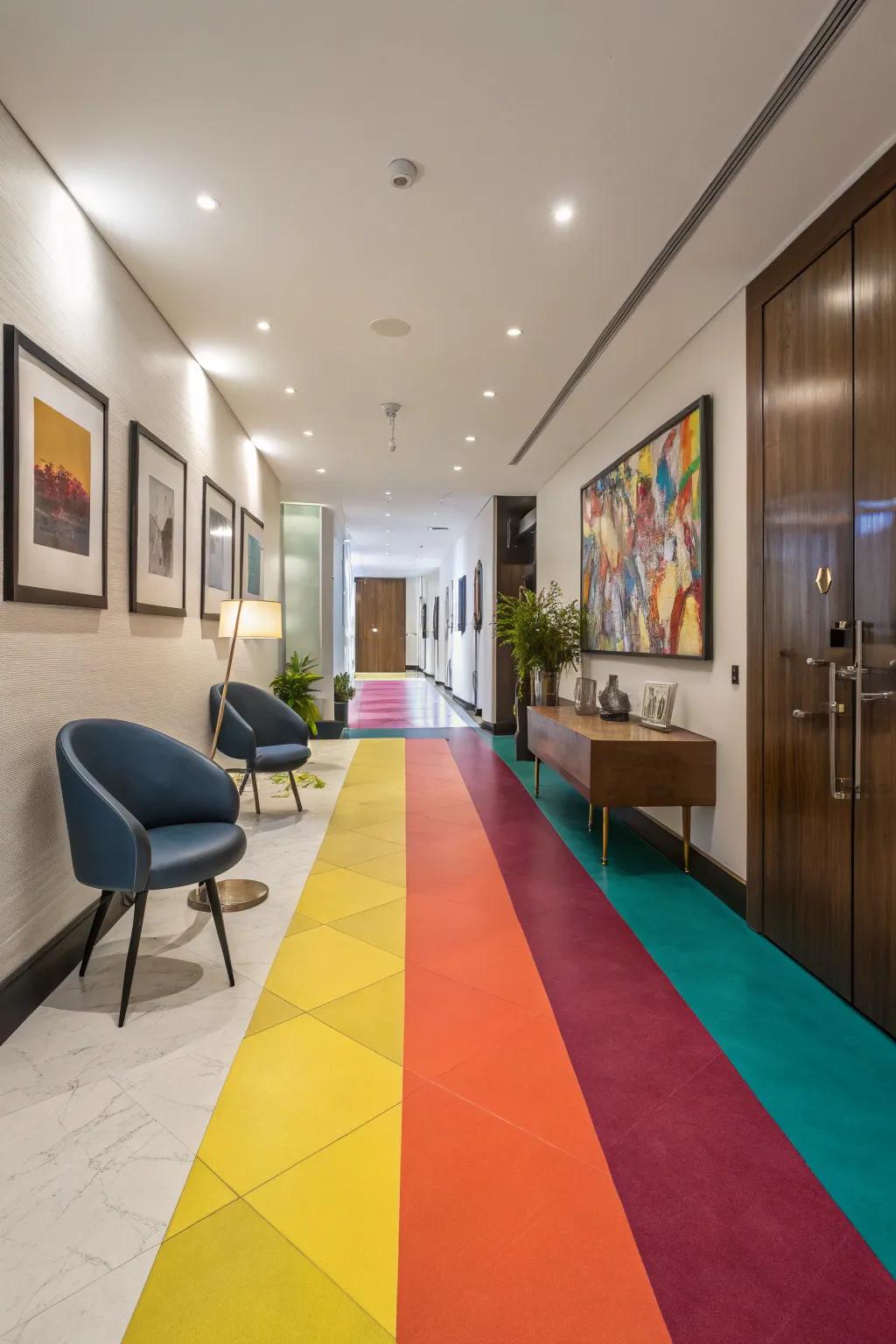 A hallway changed by color block painted floorings, displaying vibrant shades and modern design.