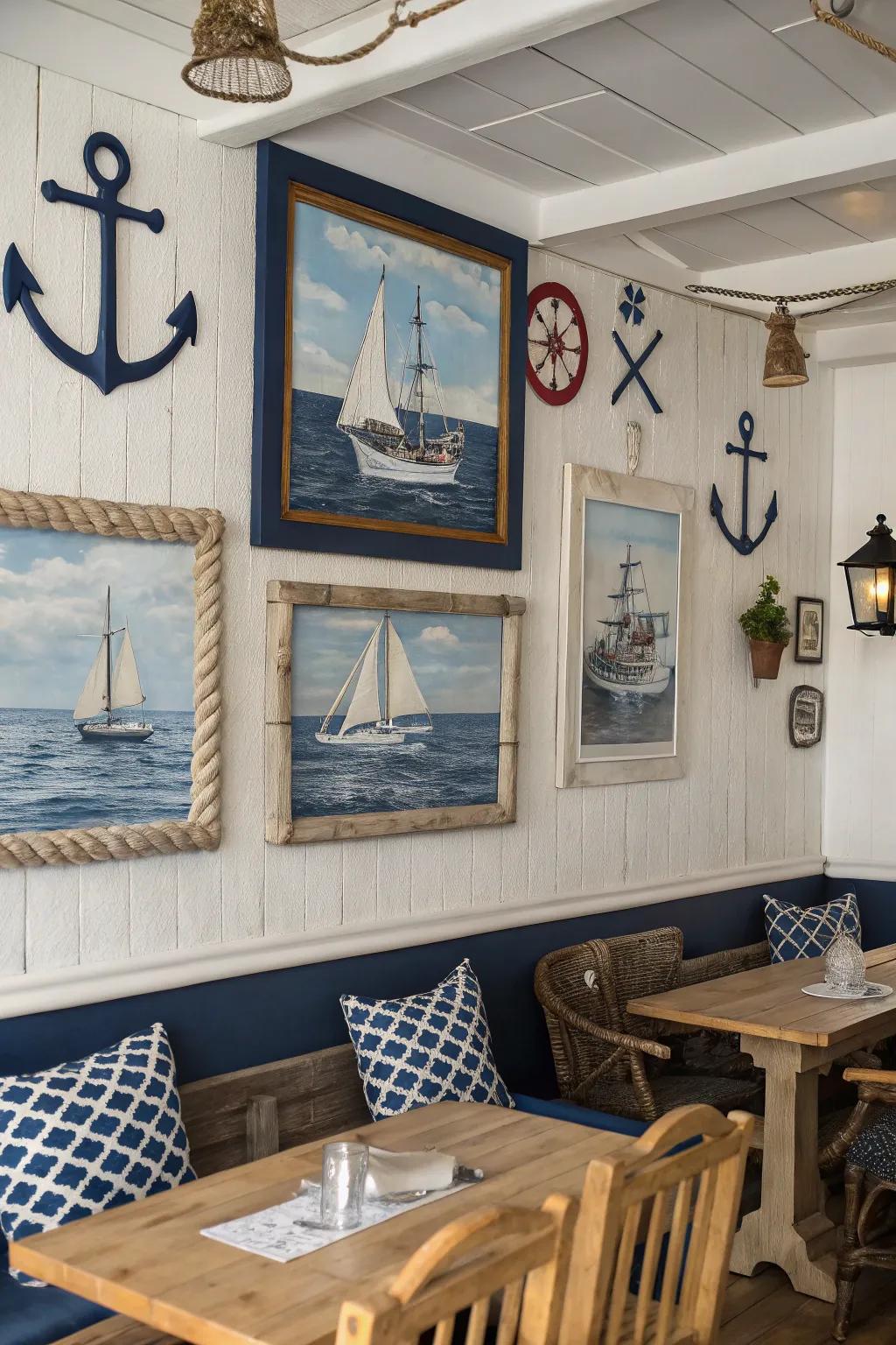 A marine-themed space showcasing framed paintings synchronized with its aesthetic.