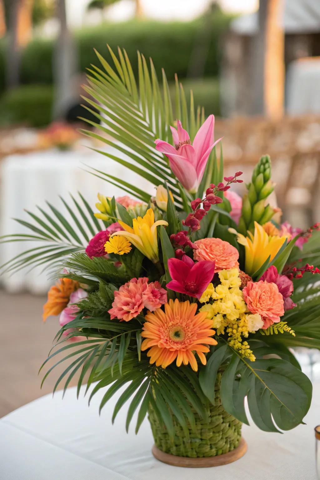 A spirited mixture of tropical flowers and palm leaves.