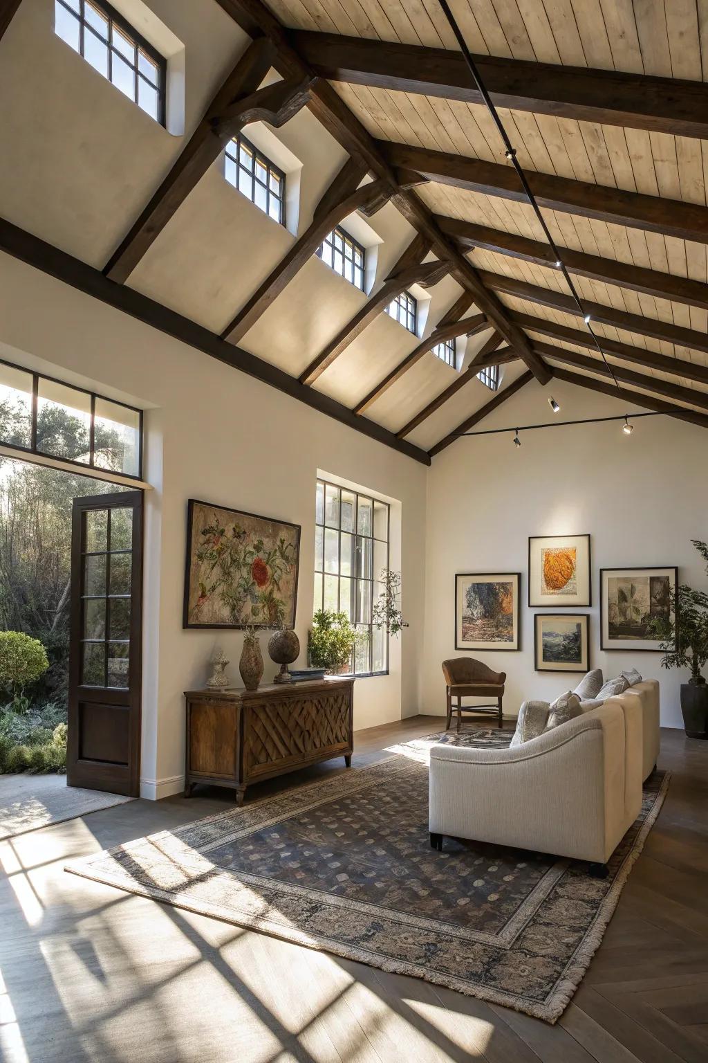 Exposed beam ceilings create dimension and texture.