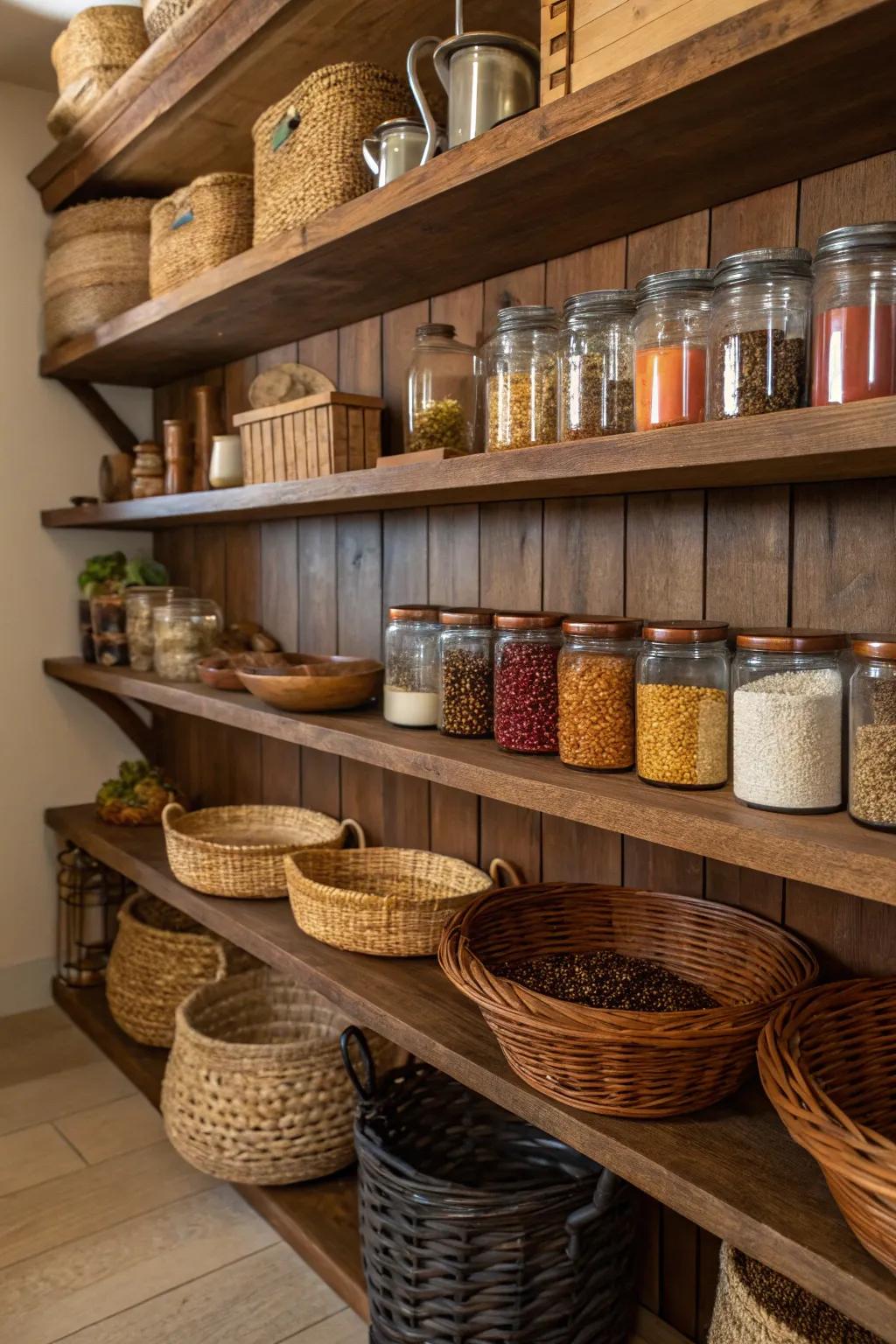 A pantry featuring stained wood shelves to add a rustic touch.