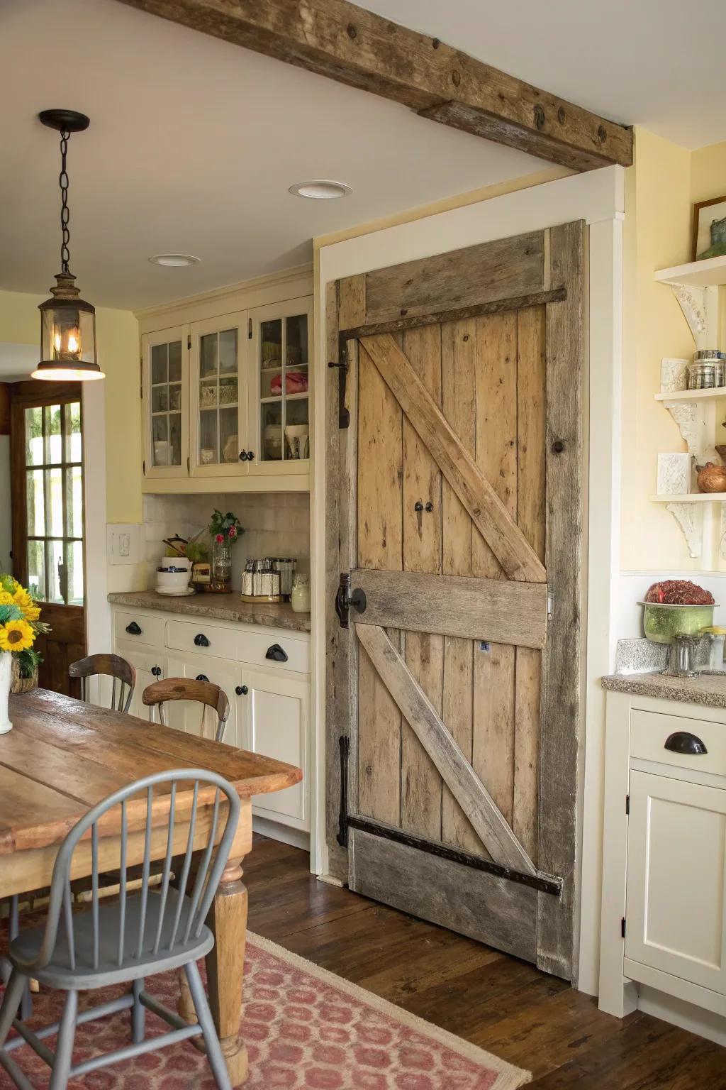 Weathered wood pantry doors contribute warmth and individuality.
