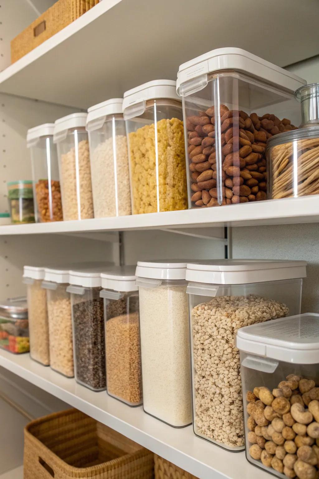 Clear containers in a pantry allow you to easily see and keep your dry goods fresh.