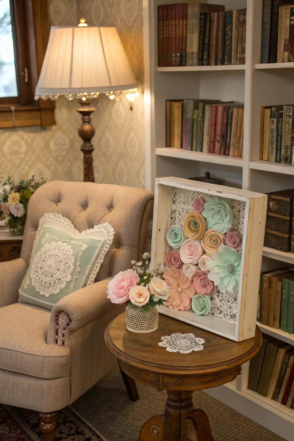 A vintage-inspired shadow box delivers a romantic element to your decorations.