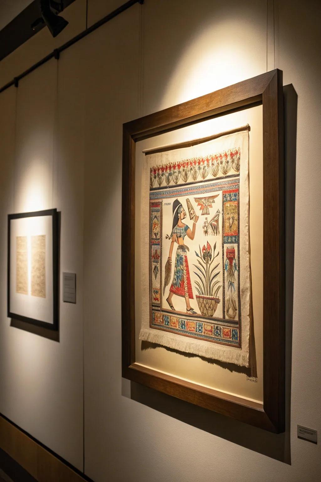 Shadow box framing gives papyrus art a three-dimensional appearance.