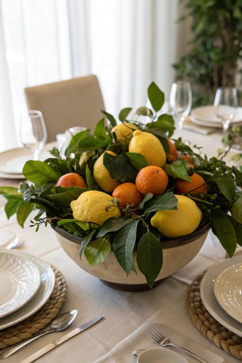 A refreshing fruit centerpiece made with citrus and greenery.