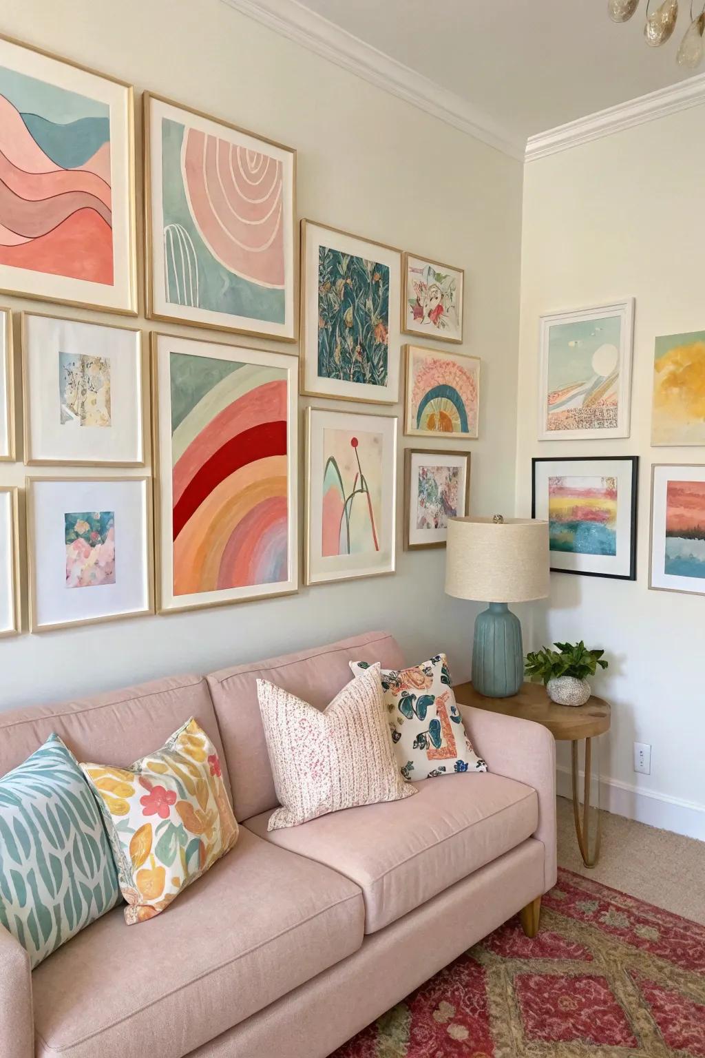 A display wall with pastel abstract art for a sophisticated style.