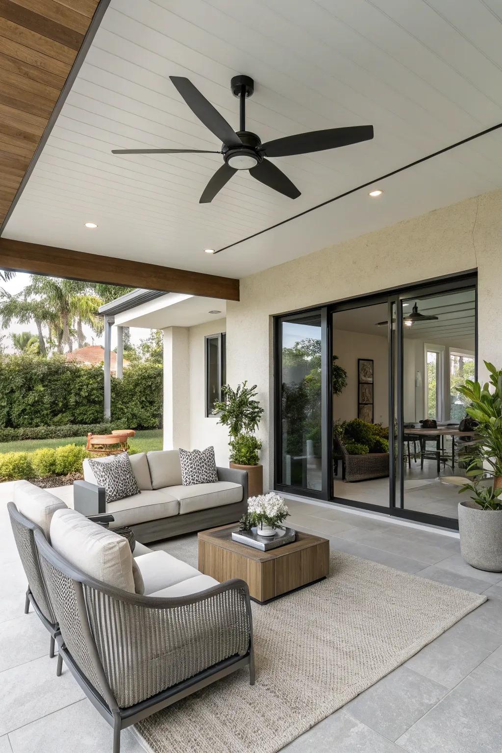 A modern deck showcasing a refined, simple ceiling fan.