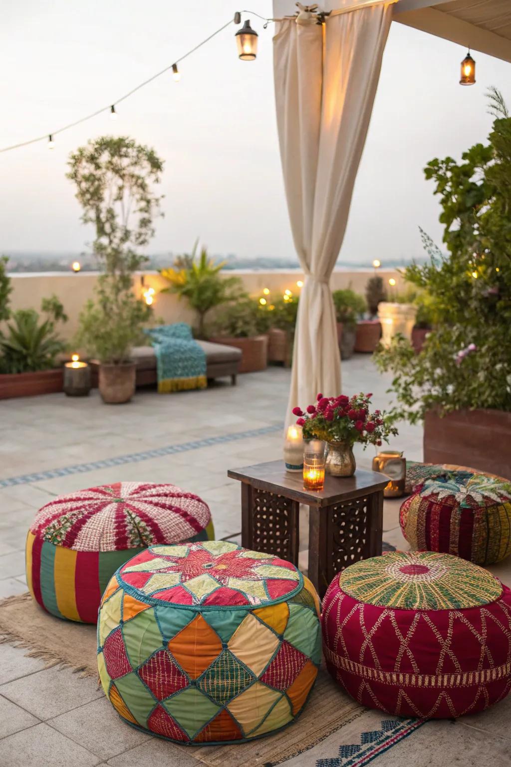 Poufs add versatility and a touch of color to your patio arrangement.